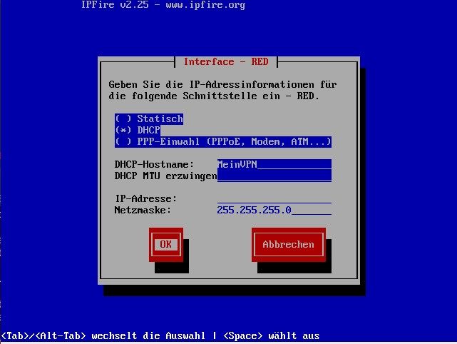 Die Adresseinstellungen von IPFire Die Adresseinstellungen von IPFire