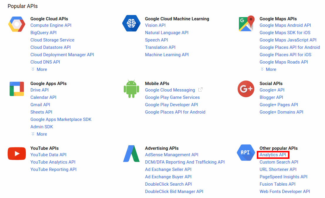 Auswahl der Analyitcs API in der Google API Console Auswahl der Analyitcs API in der Google API Console