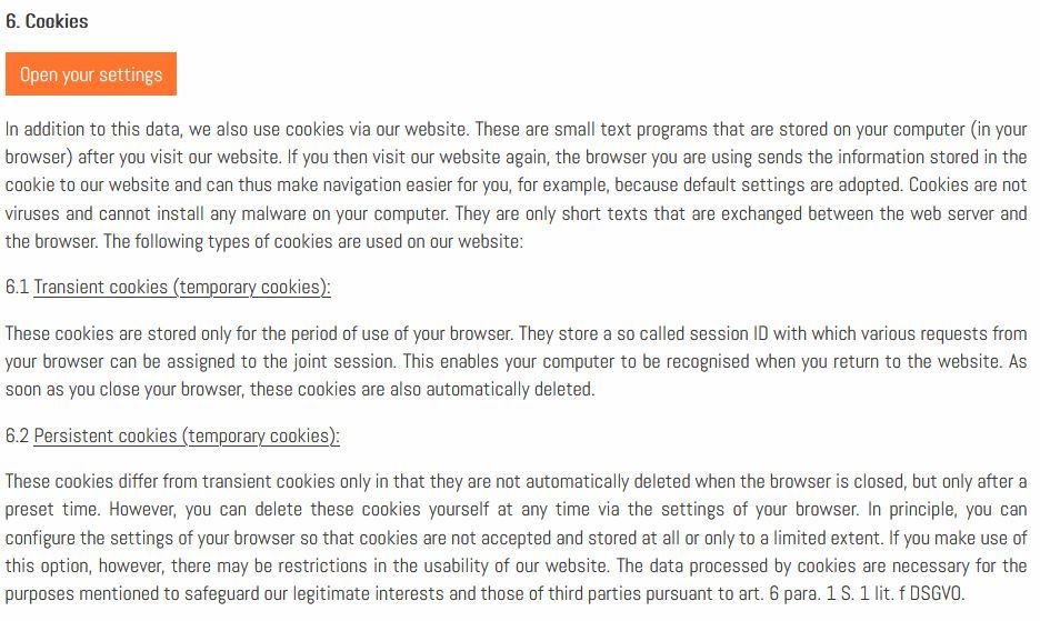 Der Hinweis zur Verwendung von Cookies in der Datenschutzerklärung auf unserer Website