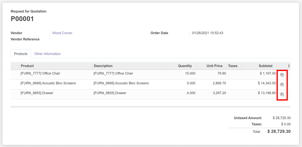 Duplizieren von Produktzeilen in der Purchase Order