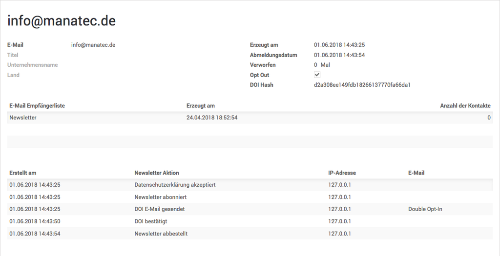 Logging der Informationen zum Double Opt-in